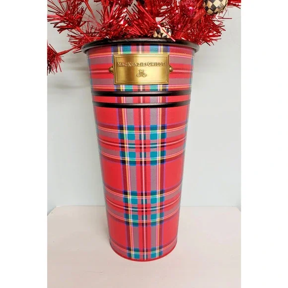 Mackenzie Childs Red Tartan Metal Bucket Wall Vase Holidays Plaid NIB Retired - Picture 4 of 8